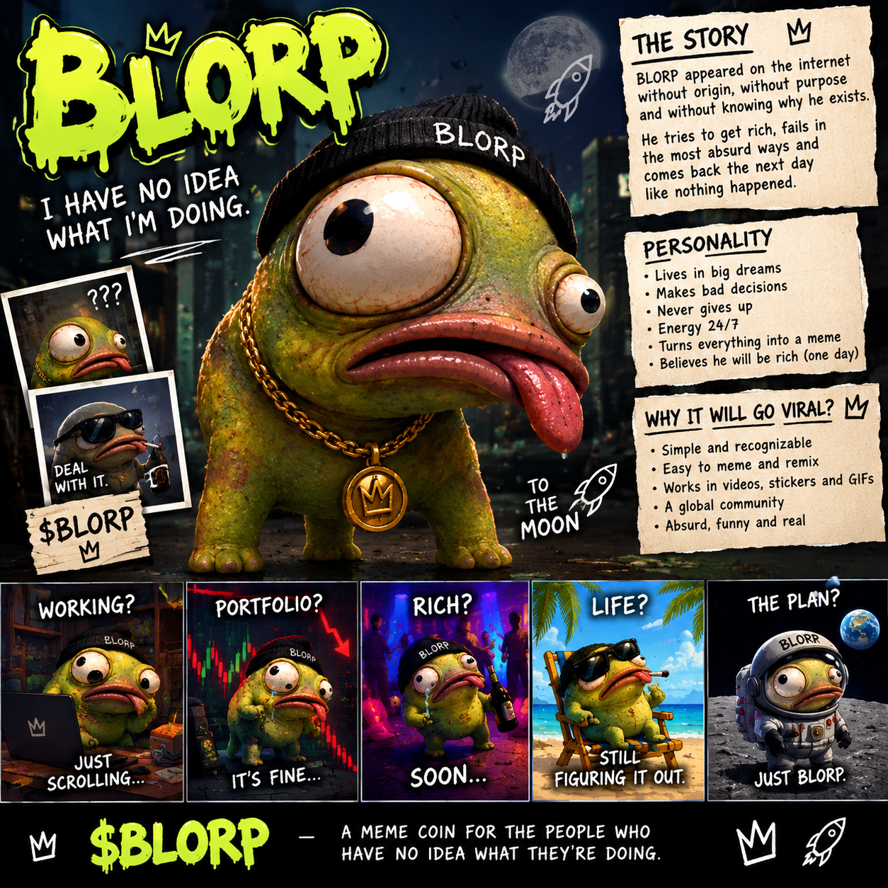 Blorp meme board: Working? Portfolio? Rich? Life? The plan?